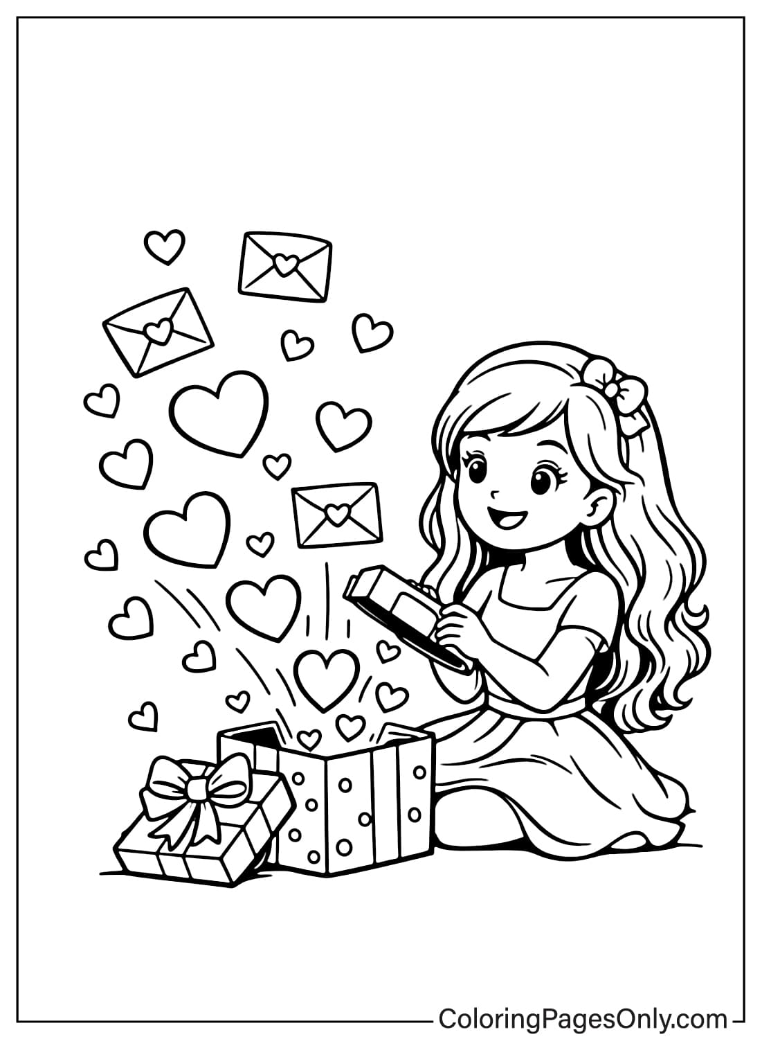 Valentines Day Coloring Pages Girl Gift Hearts from Valentine's Day