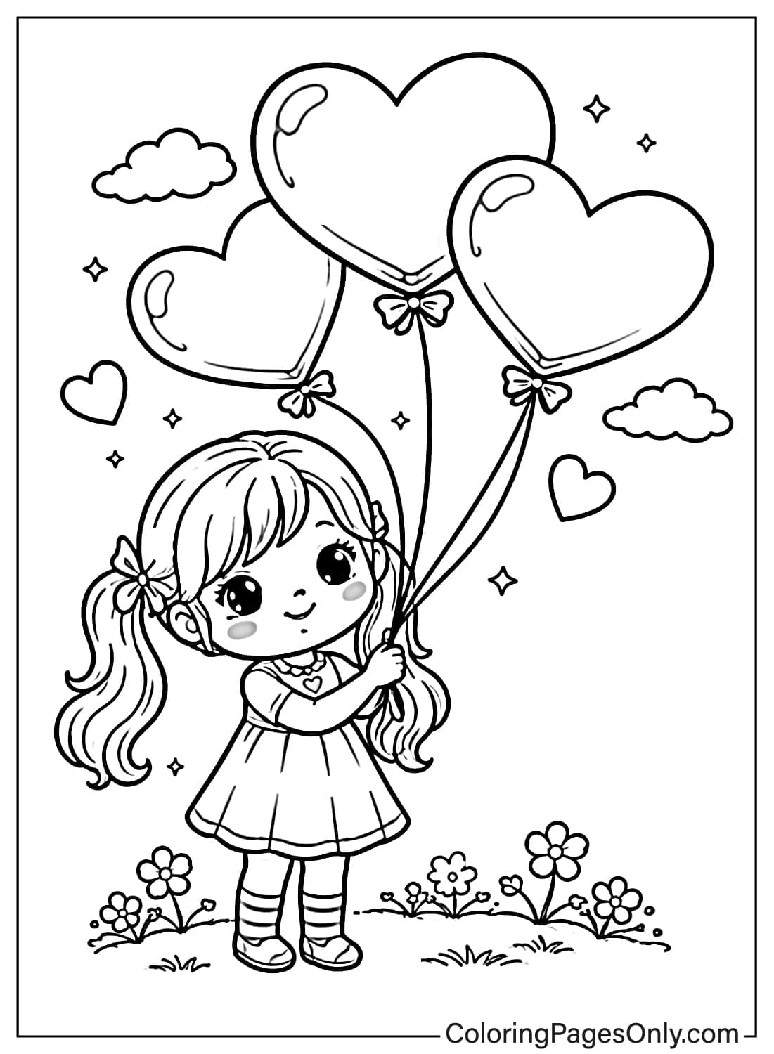 Love Coloring Pages Girl Holding Heart Balloons from Love