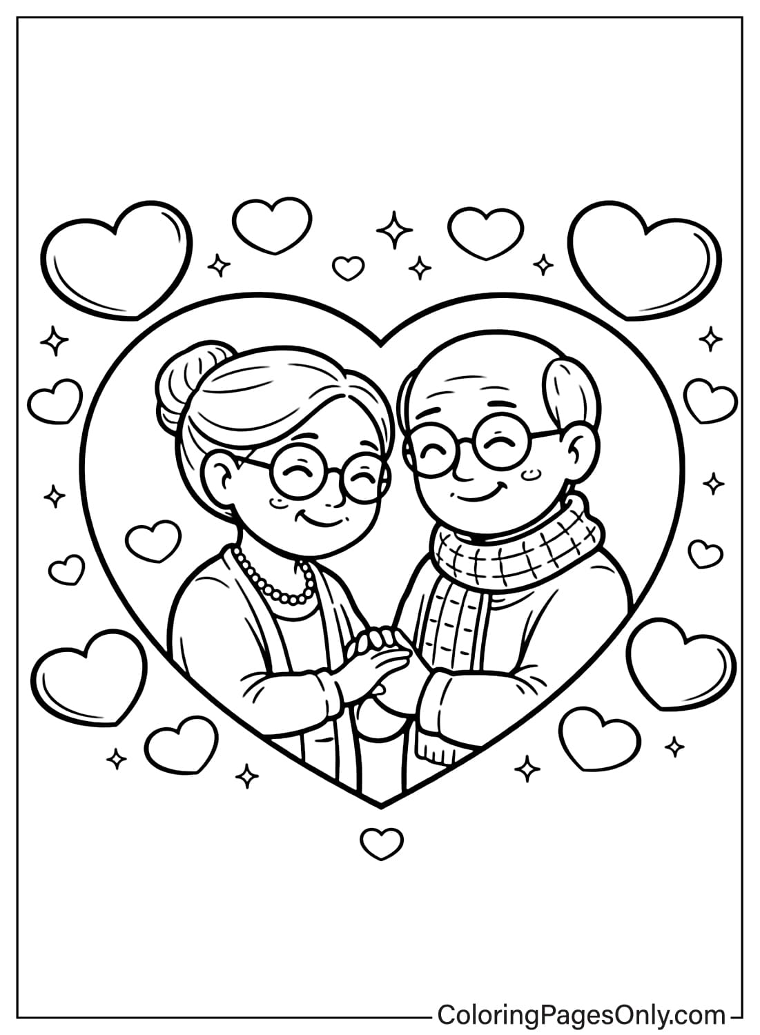 Elderly Couple Holding Hands Inside Heart Coloring Page from Heart