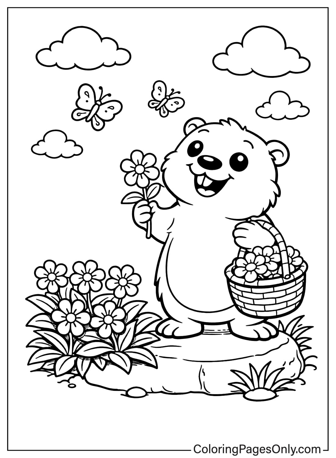 Groundhog Day Coloring Pages With Flowers And Butterflies from Groundhog Day