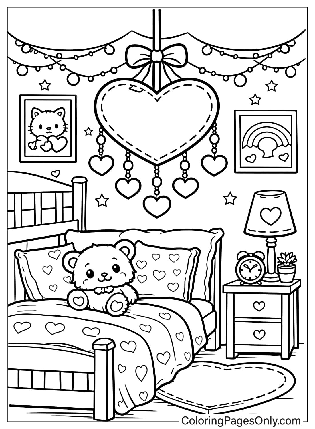 Heart Hanging Decoration In Cozy Bedroom Coloring Page from Heart