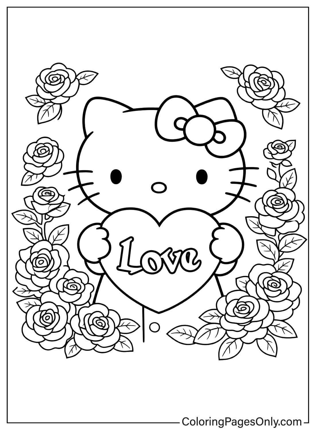 Hello Kitty coloring pages love heart roses from Hello Kitty