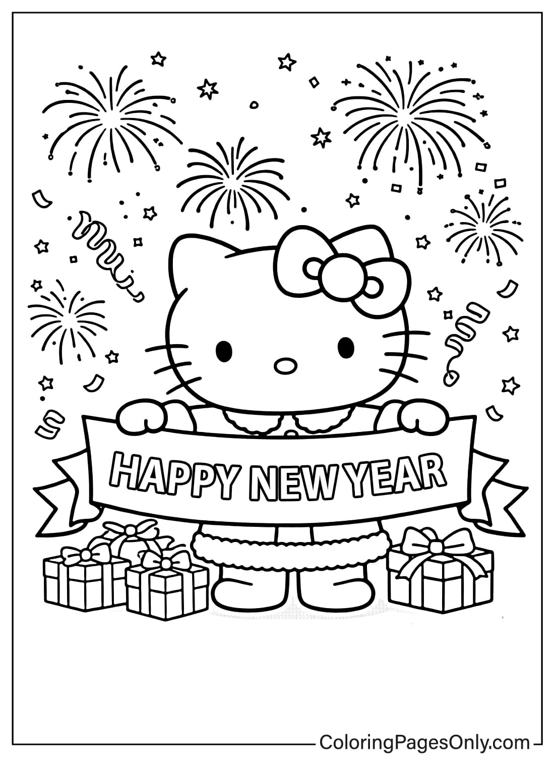 Hello Kitty coloring pages happy new year from Hello Kitty