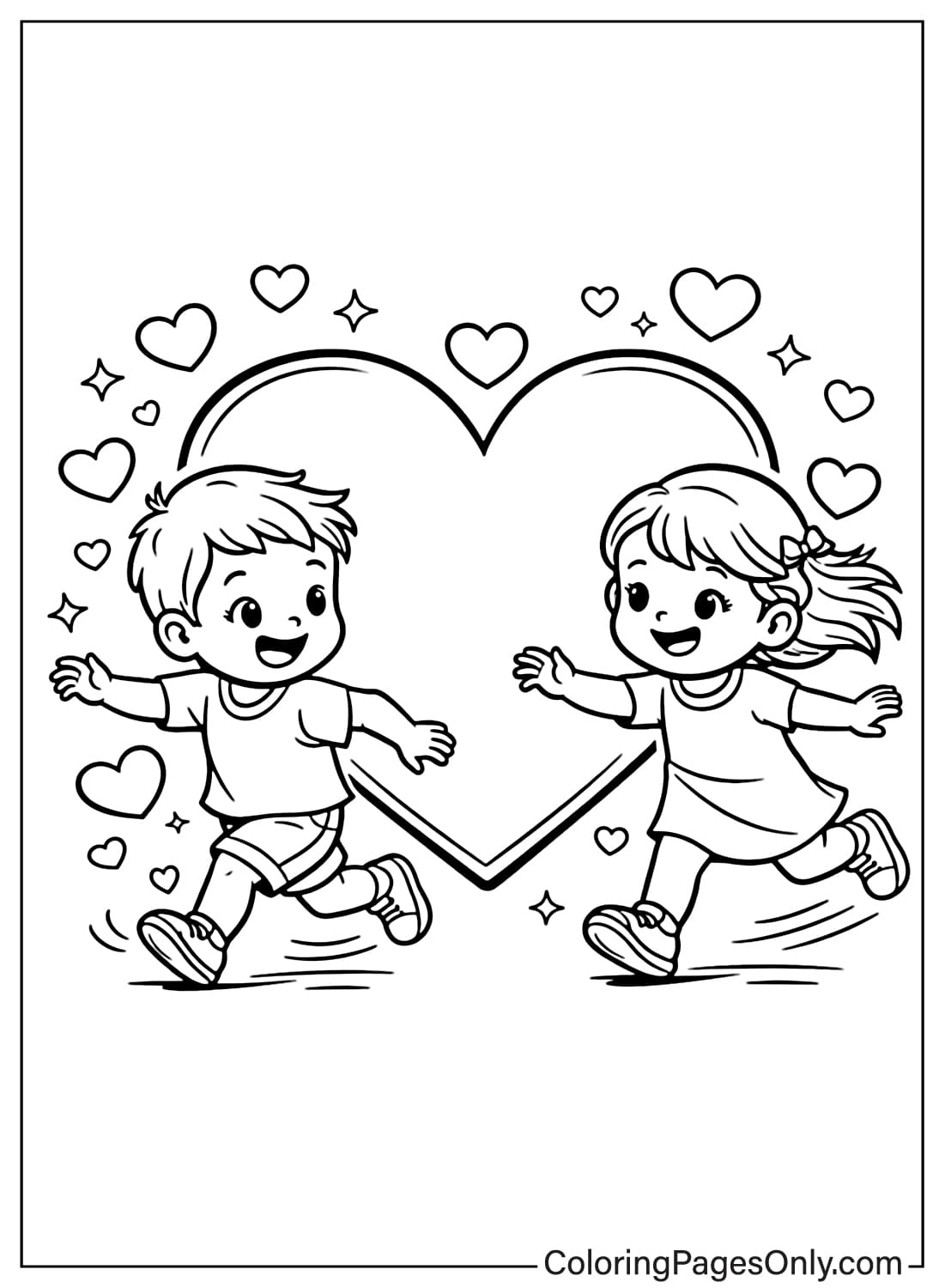 Two Kids Running Around Big Heart Coloring Page from Heart