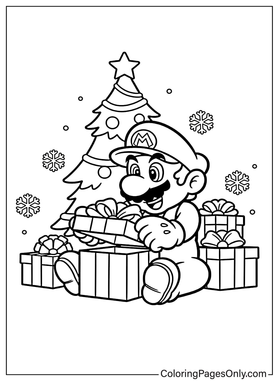 Mario opening Christmas gifts coloring page from Mario