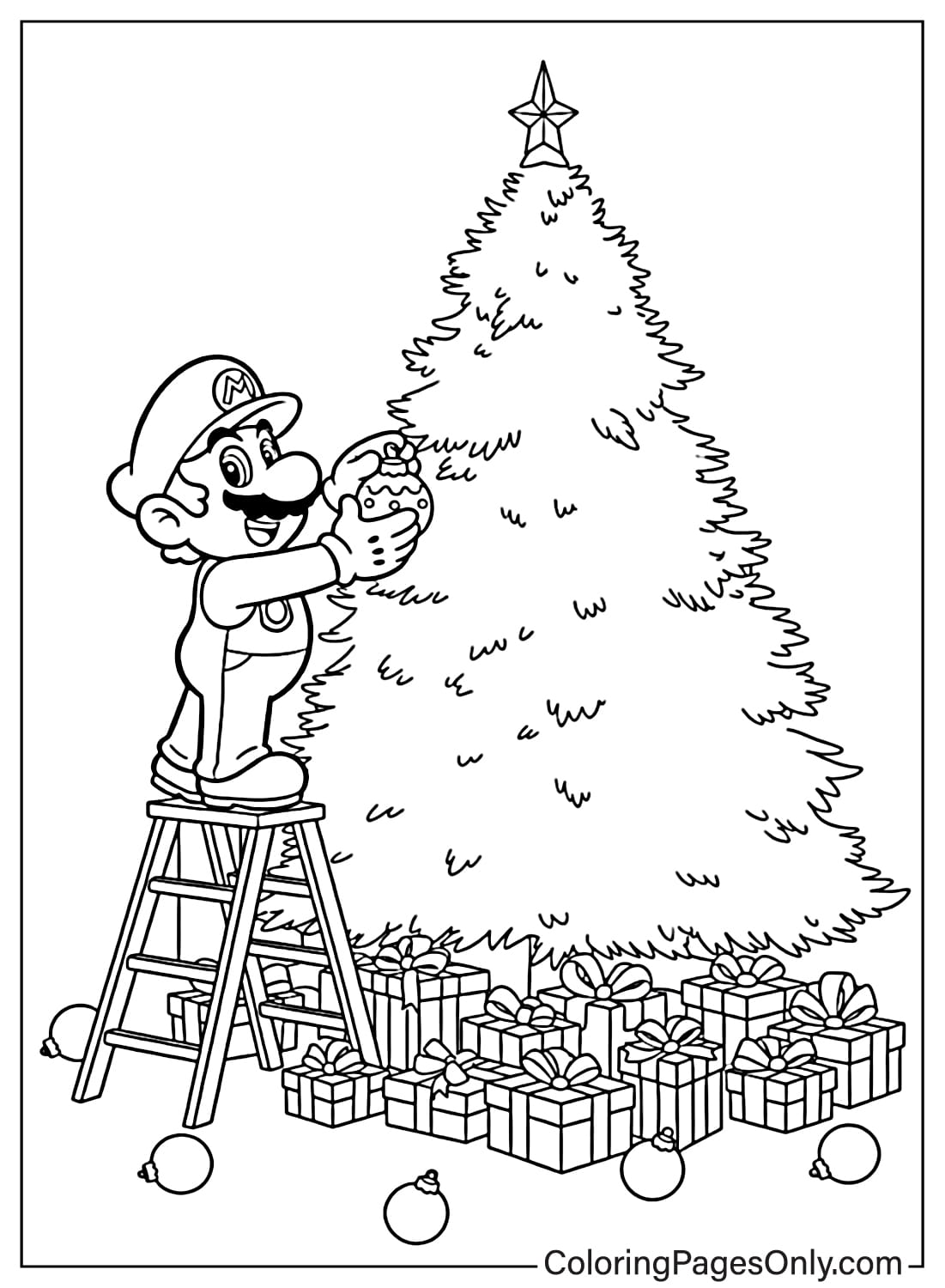 Mario decorating Christmas tree coloring page from Mario