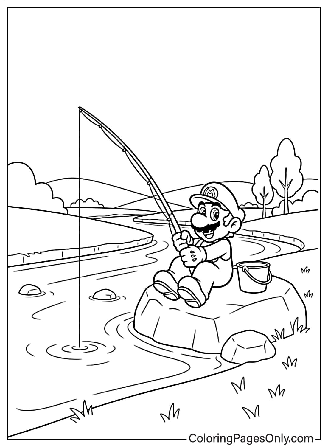 Mario fishing by river coloring page from Mario
