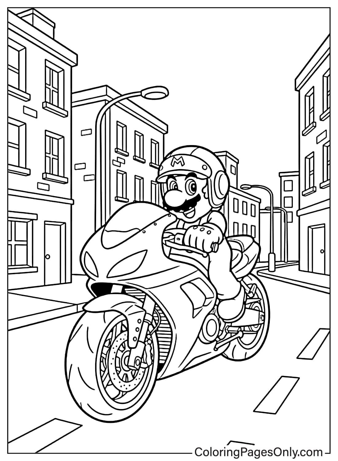 Mario riding motorcycle coloring page from Mario