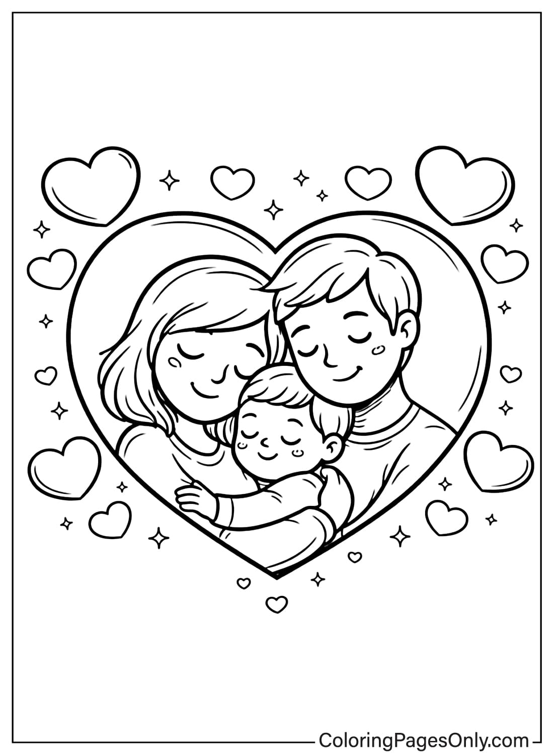 Parents Hugging Child Inside Heart Coloring Page from Heart