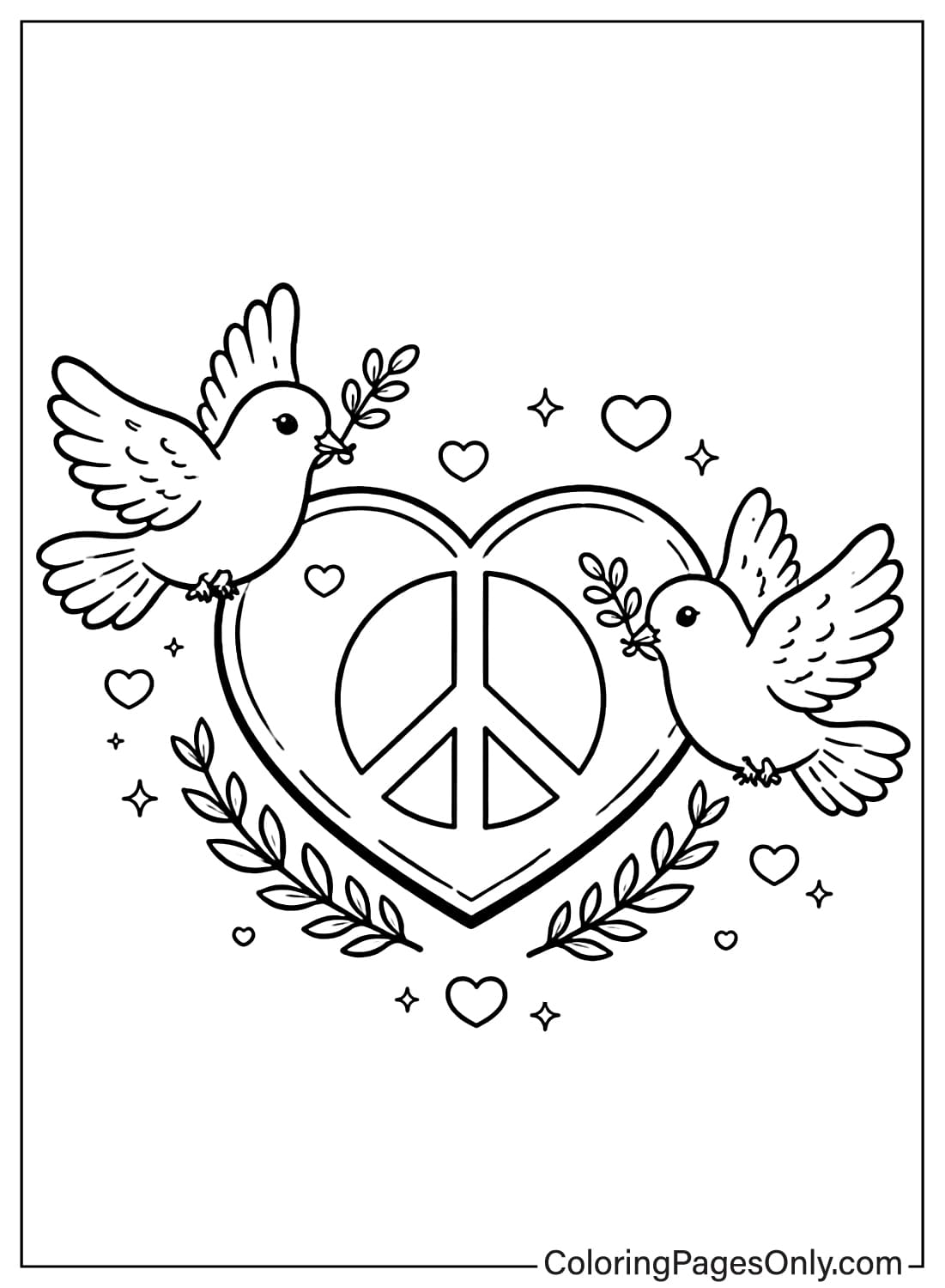 Doves Flying Around Peace Heart Coloring Page from Heart