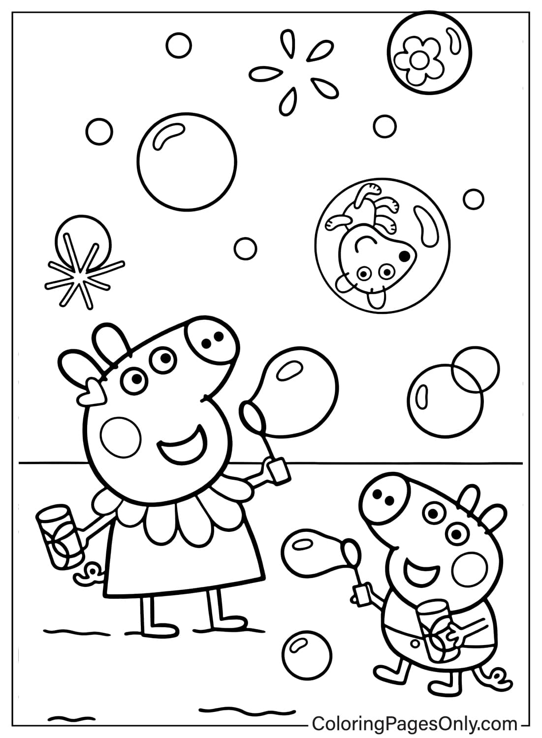 Peppa Pig Blowing Bubbles Coloring Page from Peppa Pig