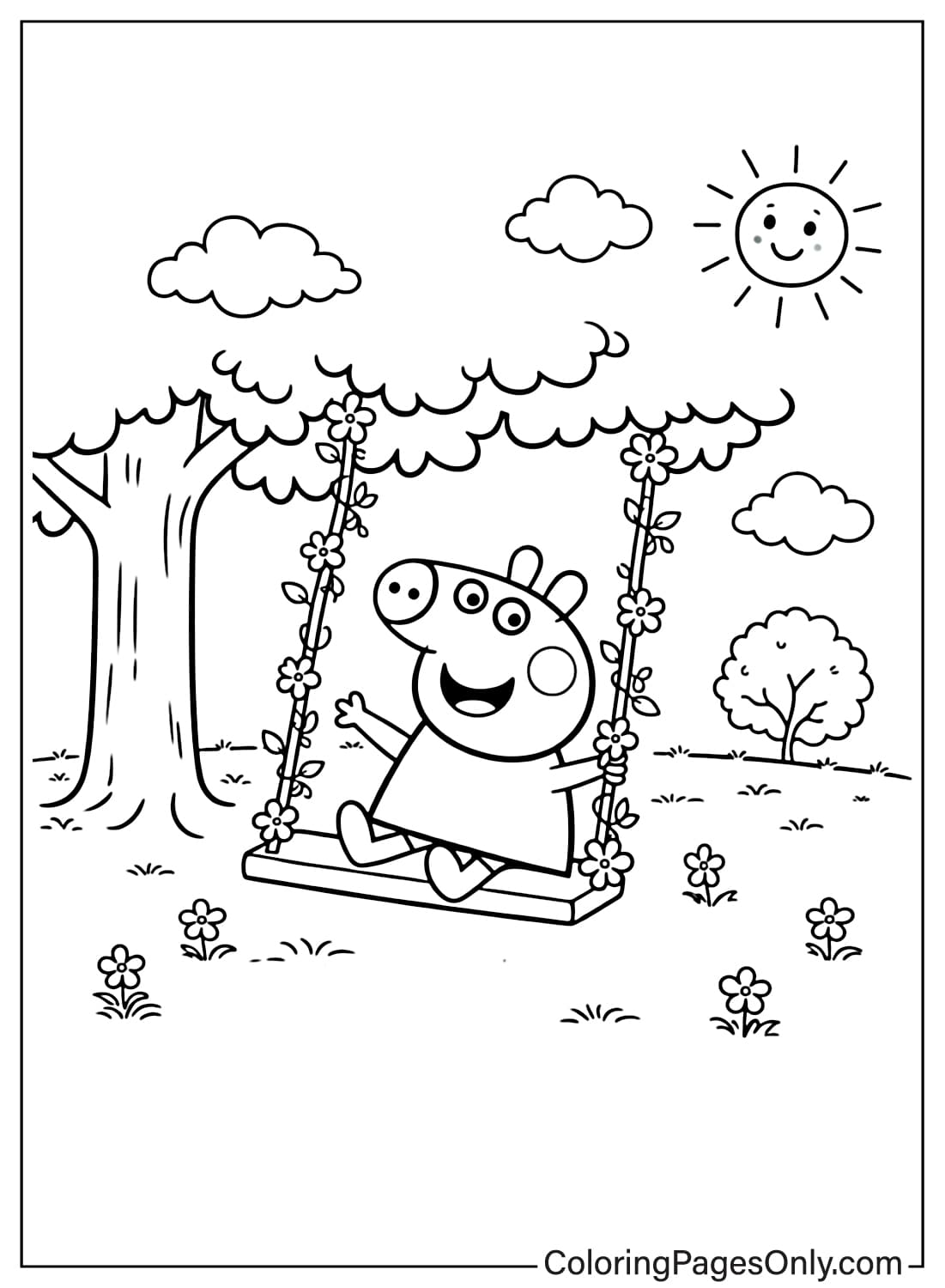 Peppa Pig On Swing Under Tree Coloring Page from Peppa Pig