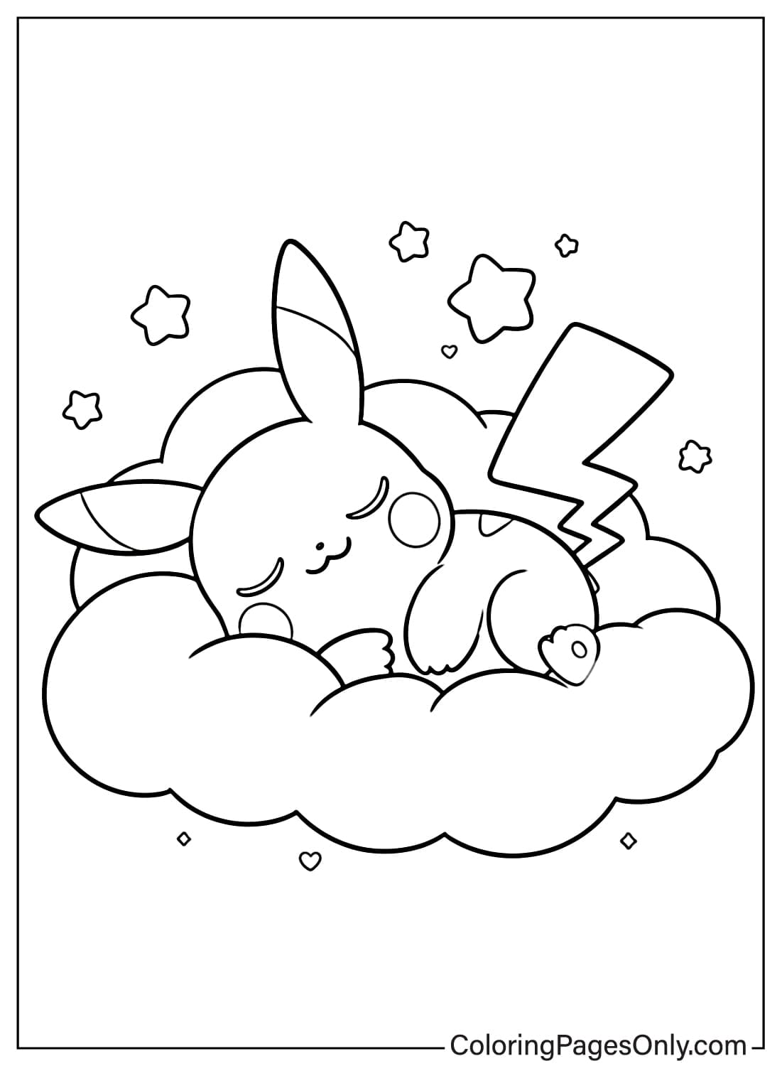 Pikachu sleeping on cloud coloring page from Pikachu