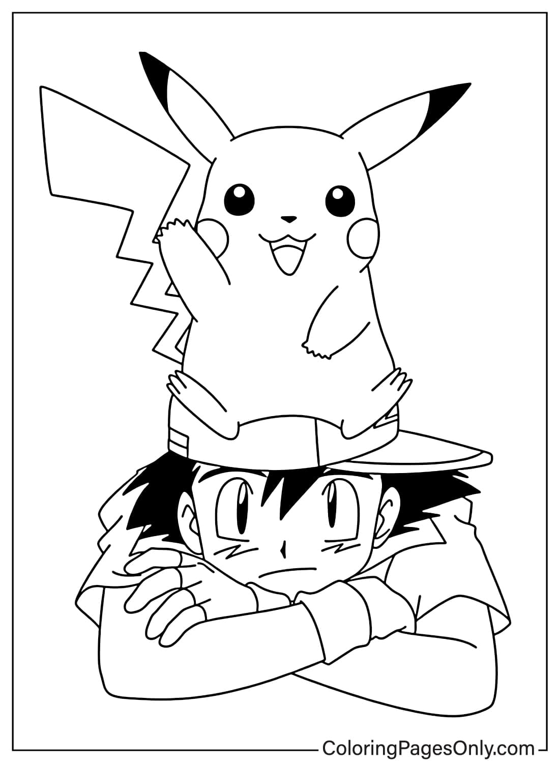 Pikachu on Ash hat coloring page from Pikachu