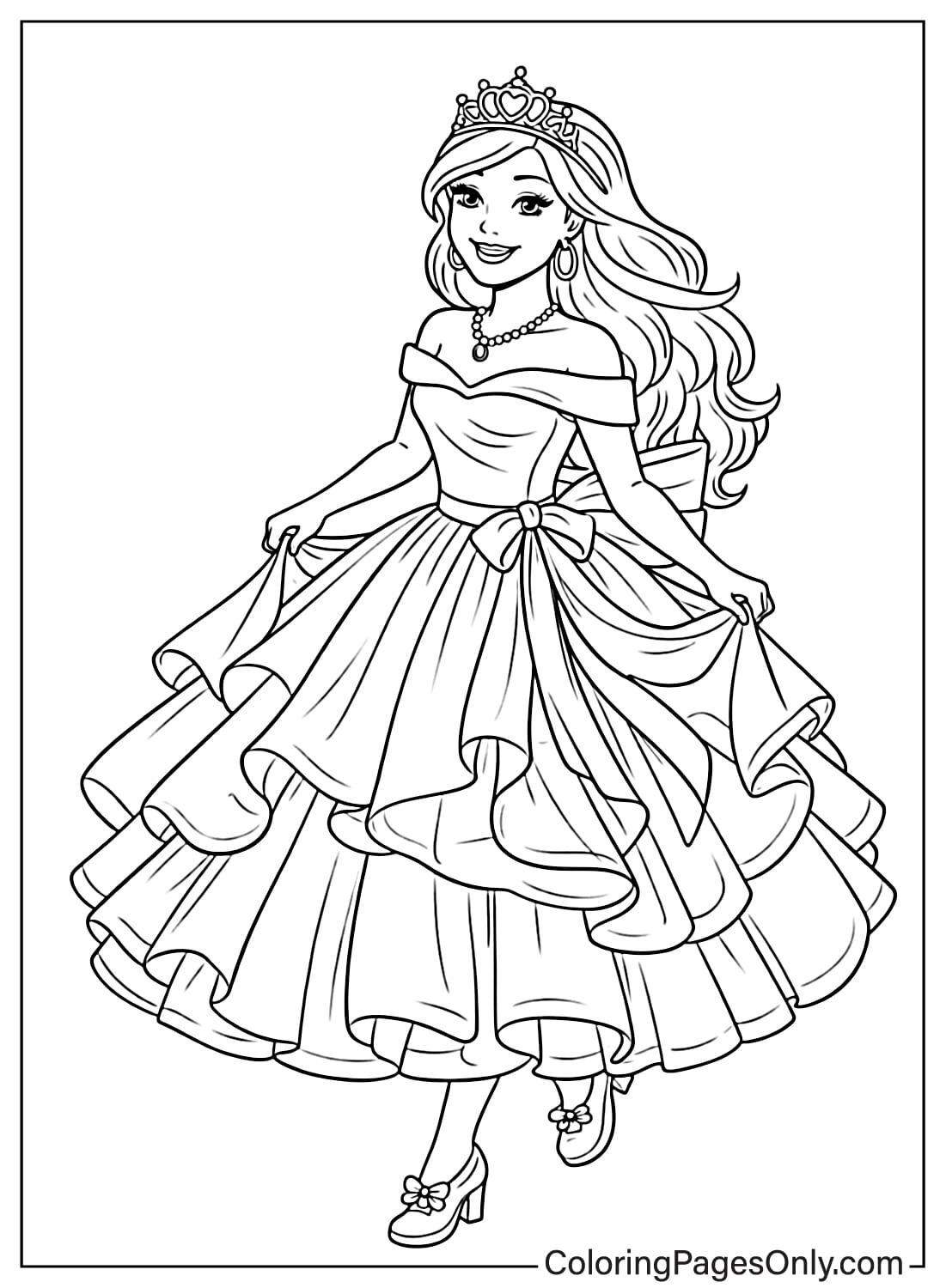 Princess Barbie wearing royal gown coloring page from Barbie