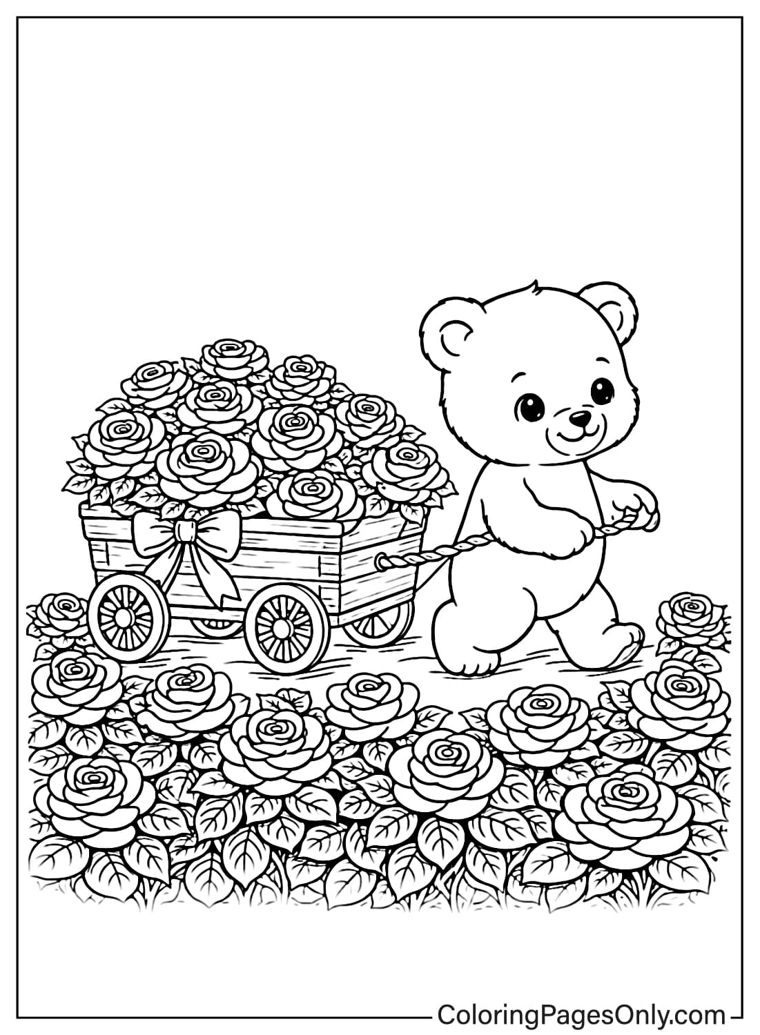 Rose coloring pages bear pulling cart of roses from Rose