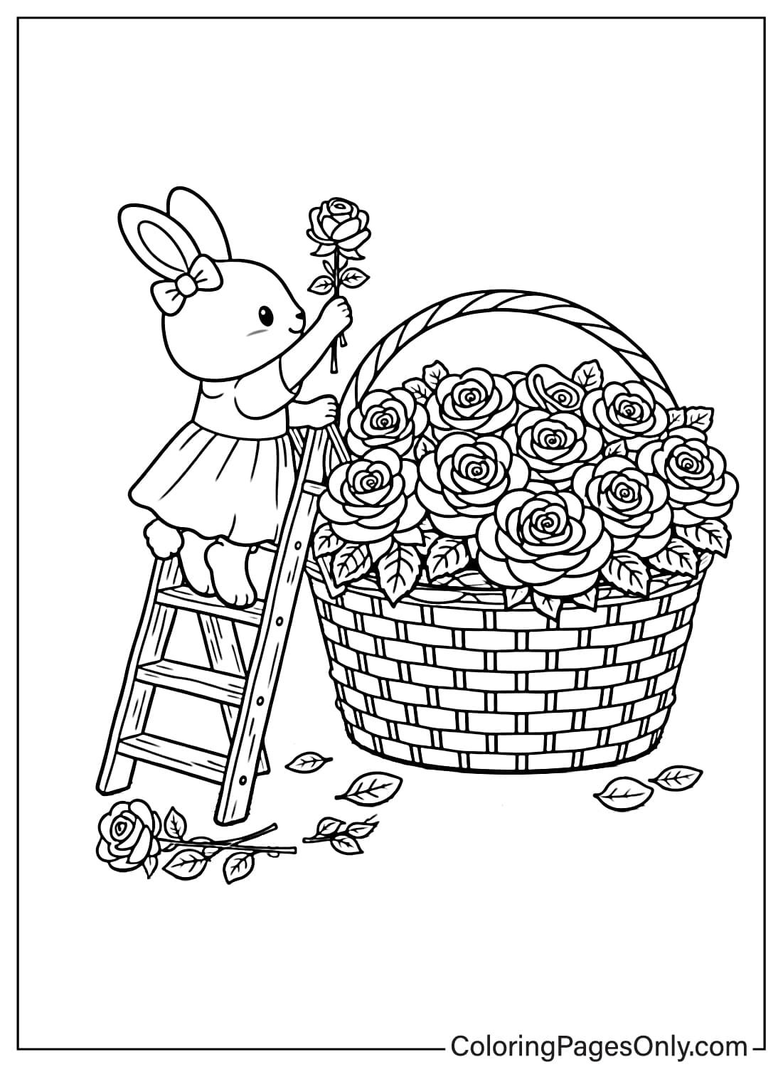 Rose coloring pages bunny picking roses by basket from Rose
