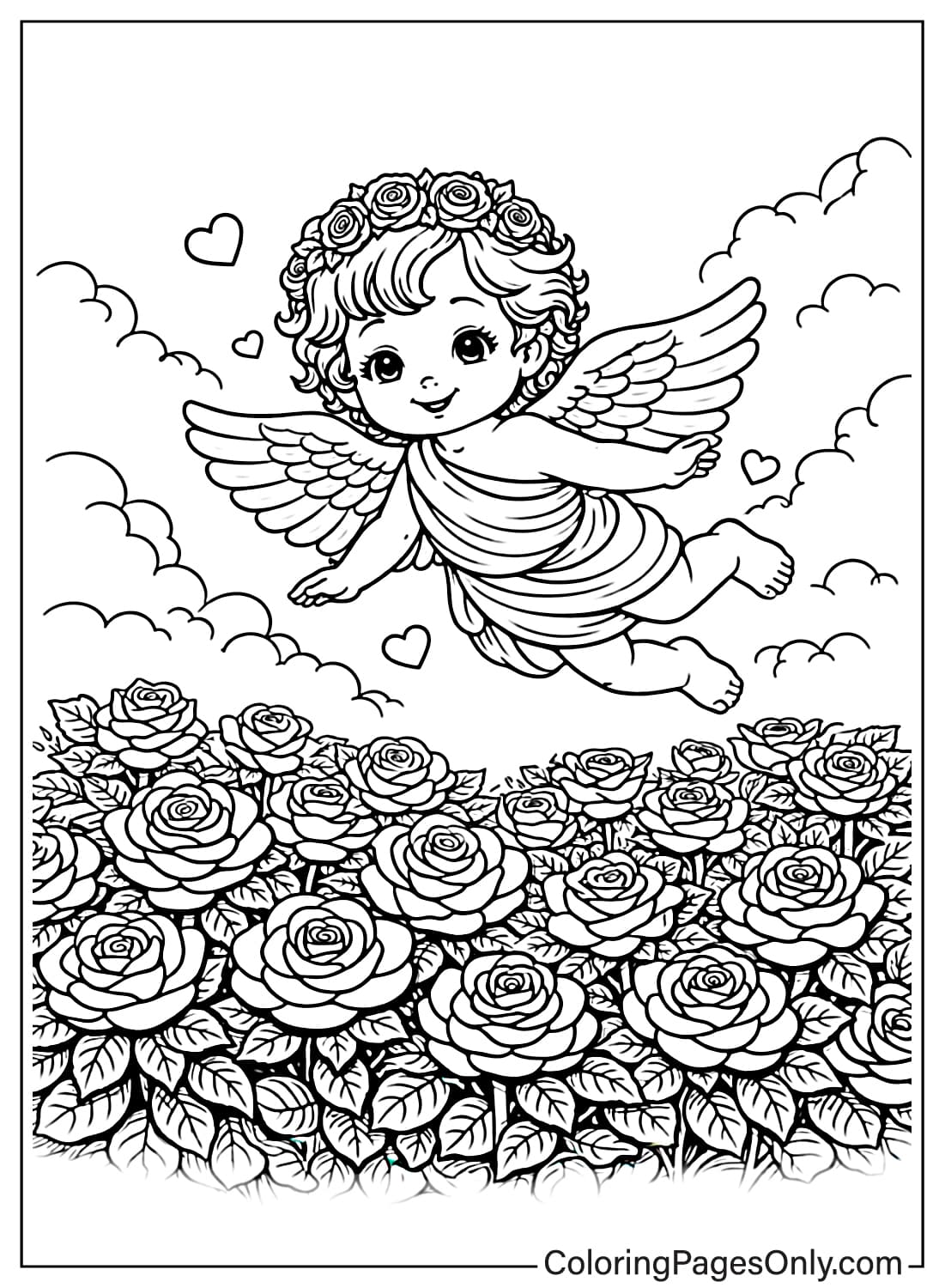 Rose coloring pages cupid flying above rose field from Rose