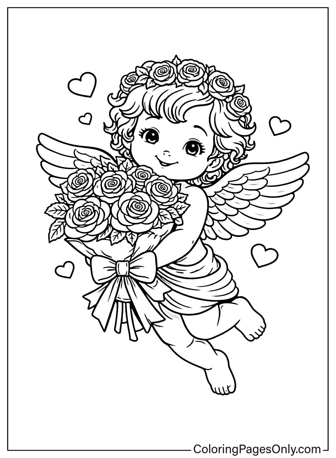 Rose coloring pages cupid holding rose bouquet from Rose