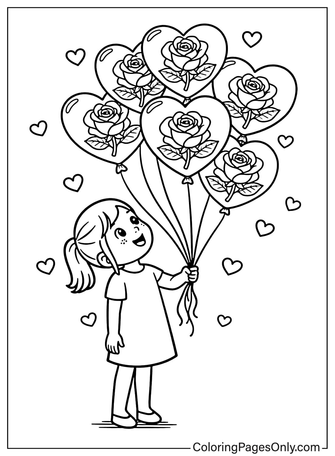 Rose coloring pages girl holding rose balloons from Rose