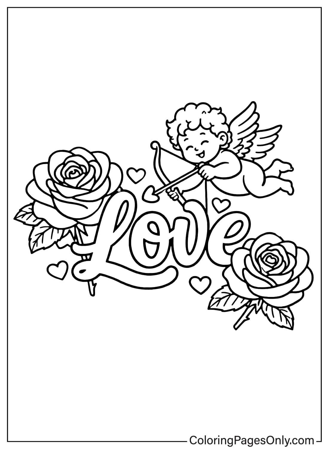 Rose coloring pages love word with cupid and roses from Rose