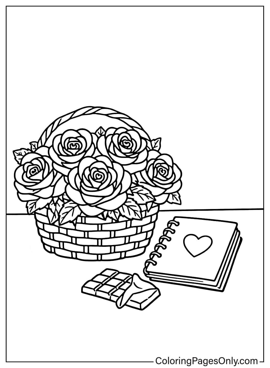 Rose coloring pages rose basket with notebook and chocolate from Rose