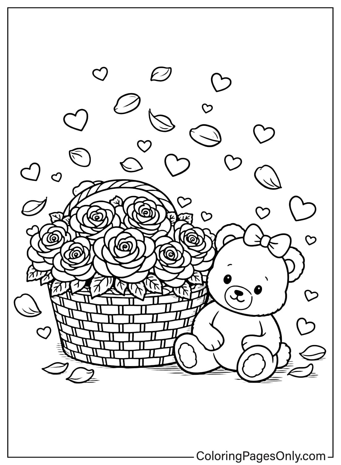 Rose coloring pages teddy bear sitting by rose basket from Rose