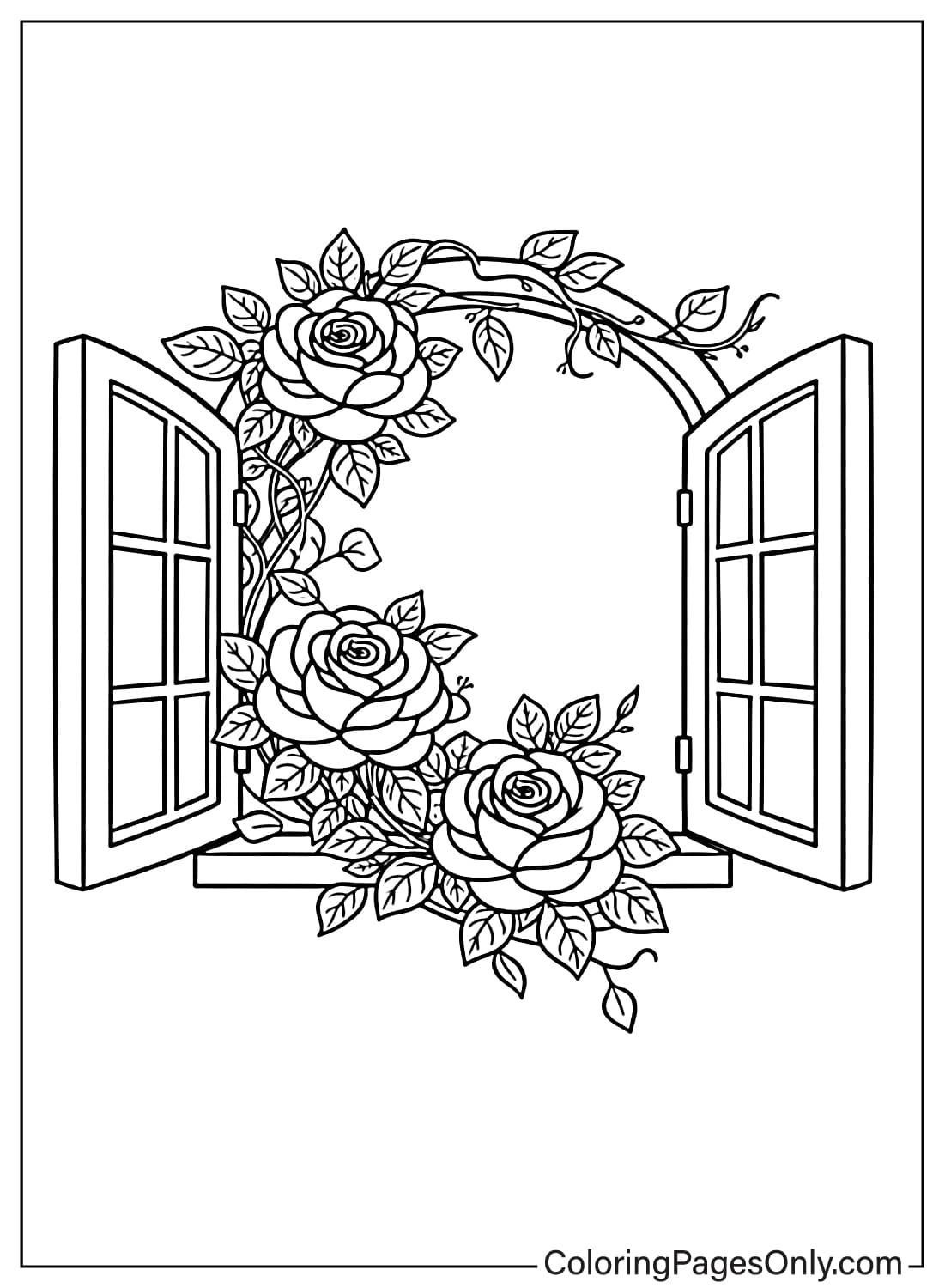 Rose coloring pages open window with roses from Rose