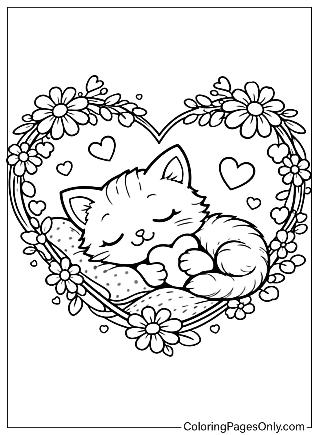 Sleeping Cat Inside Floral Heart Frame Coloring Page from Heart