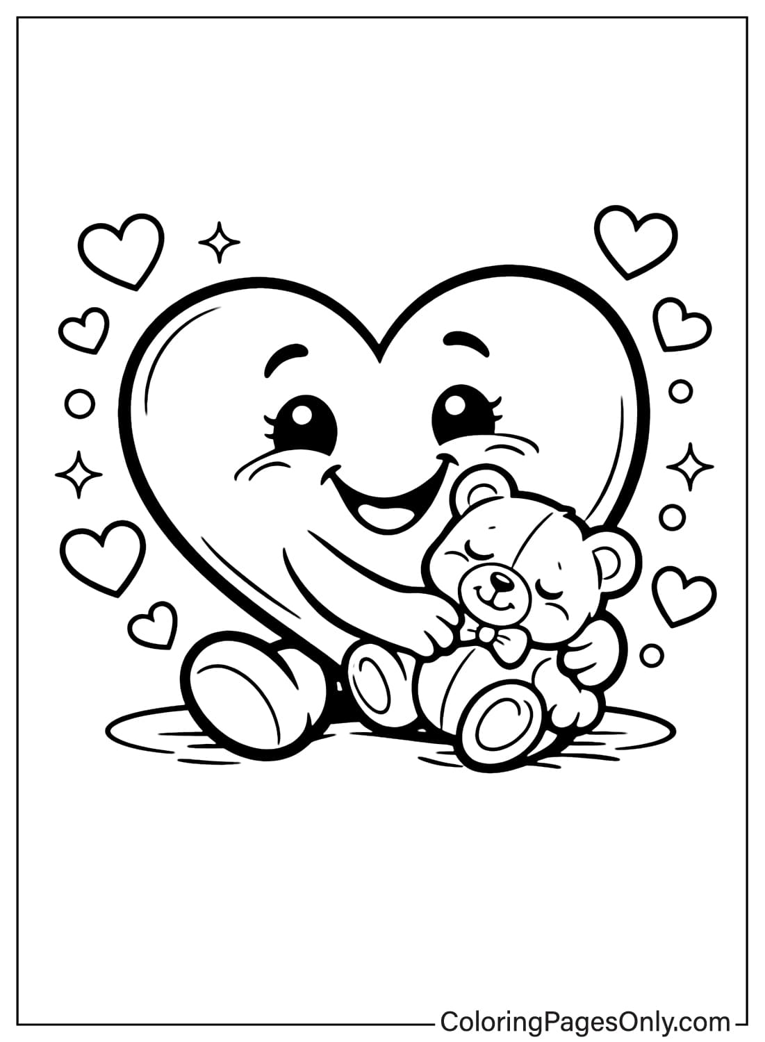 Smiling Heart Hugging Cute Teddy Bear Coloring Page from Heart