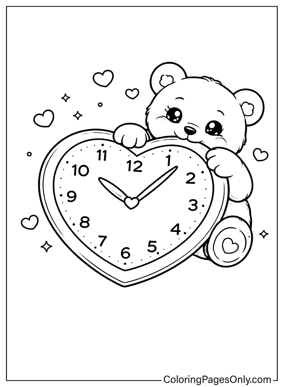 Cute Teddy Bear Holding Heart Clock Coloring Page from Heart