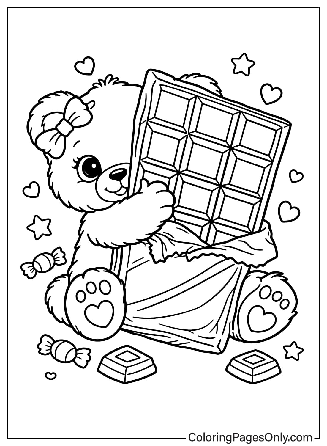 Cute Teddy Bear Hugging Chocolate Bar Coloring Page from Chocolate