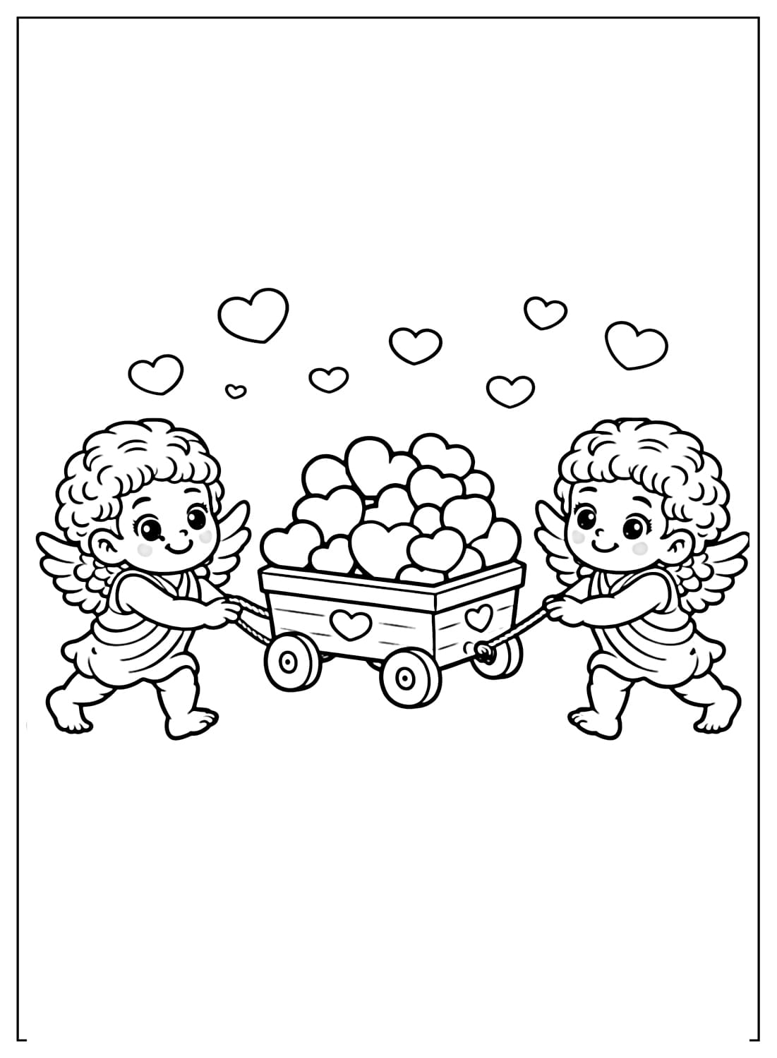 Two Cupids Pulling Love Cart Coloring Page from Cupid