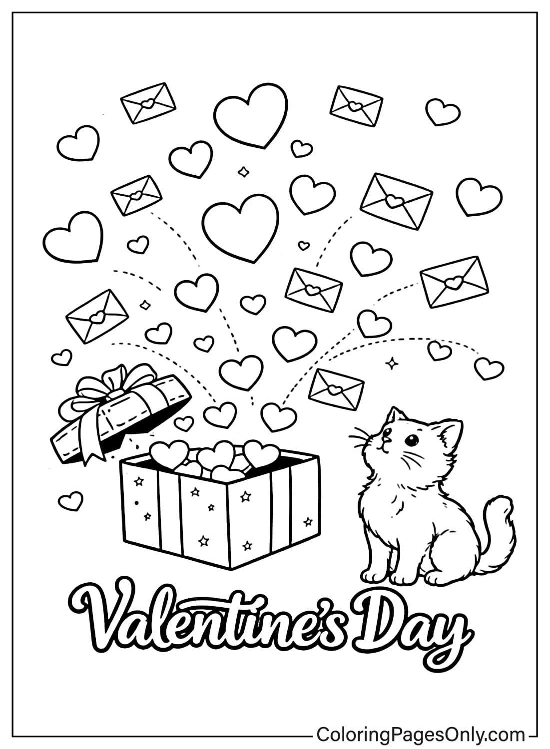 Valentines Day Coloring Pages Gift Box Cat Hearts from Valentine's Day