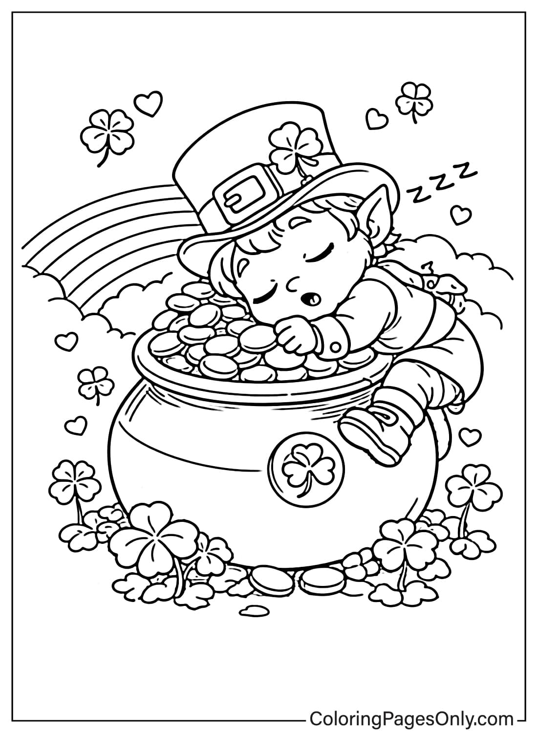 Baby Leprechaun Sleeping On Pot Of Gold Leprechaun Coloring Pages from Leprechaun