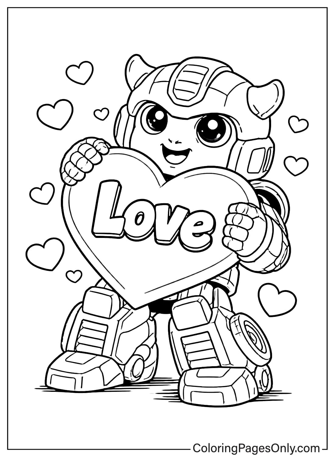 Black and white coloring page of Bumblebee hugging a large heart from Transformers