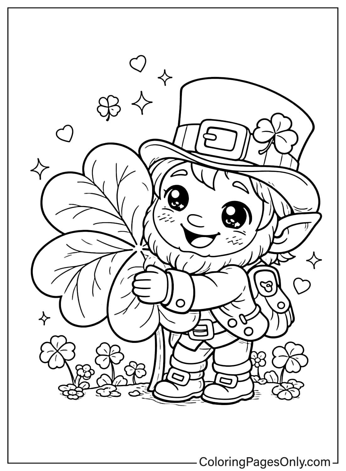 Chibi Leprechaun Hugging Giant Shamrock Leprechaun Coloring Pages from Leprechaun