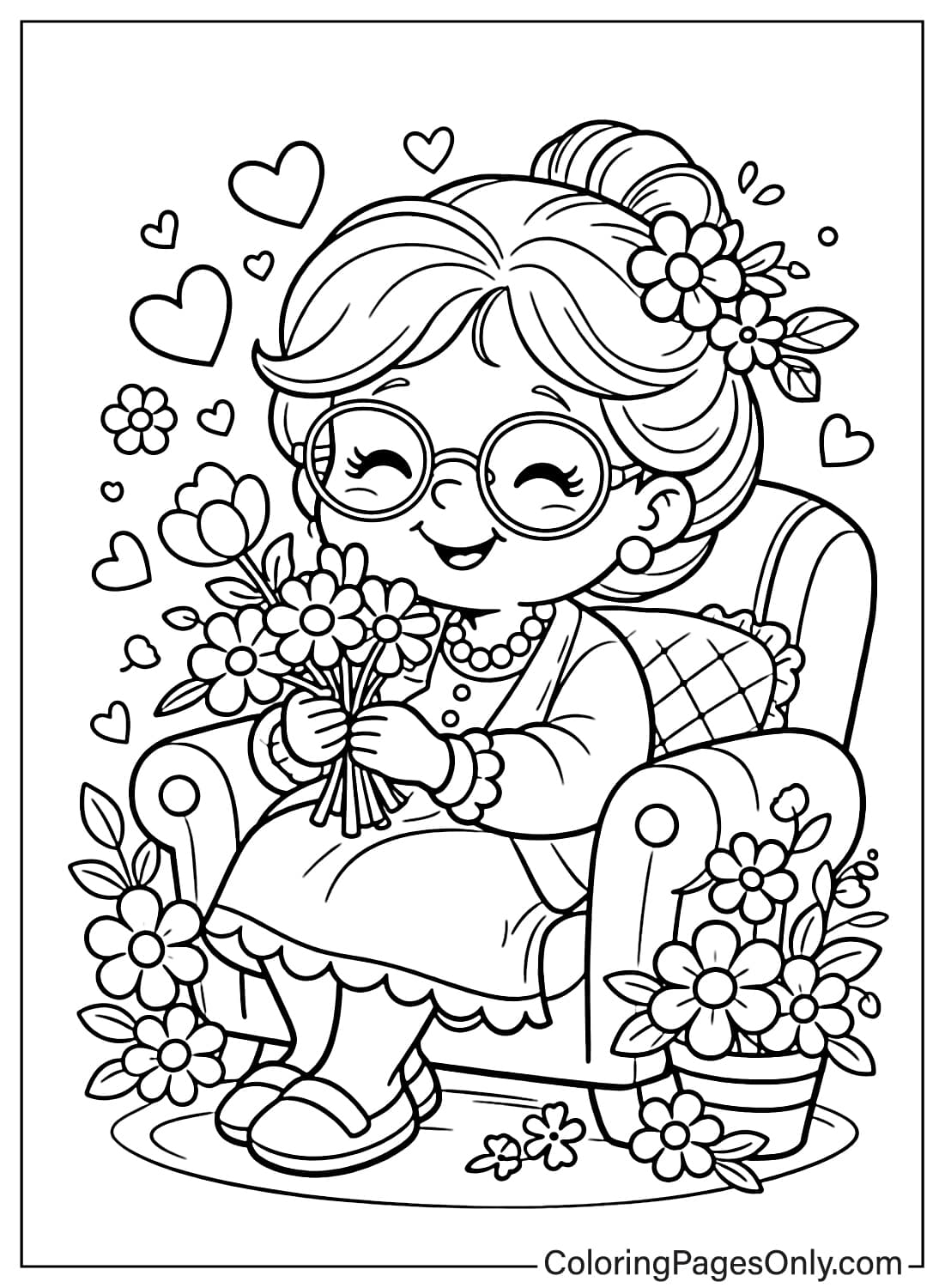 Smiling Grandma Holding Bouquet Womens Day Coloring Page from Women's Day