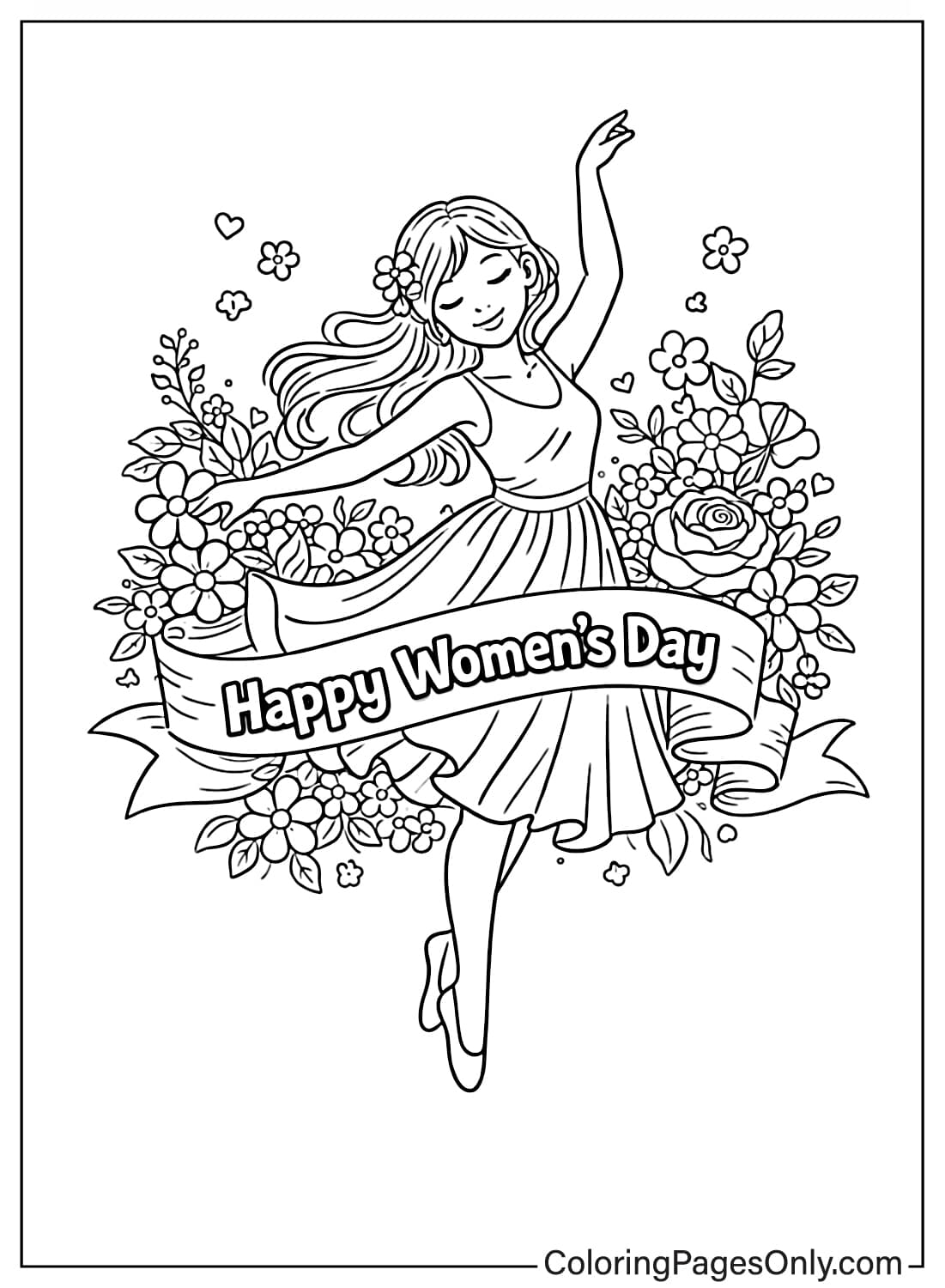 Graceful Girl Dancing With Happy Womens Day Banner Coloring Page from Women's Day