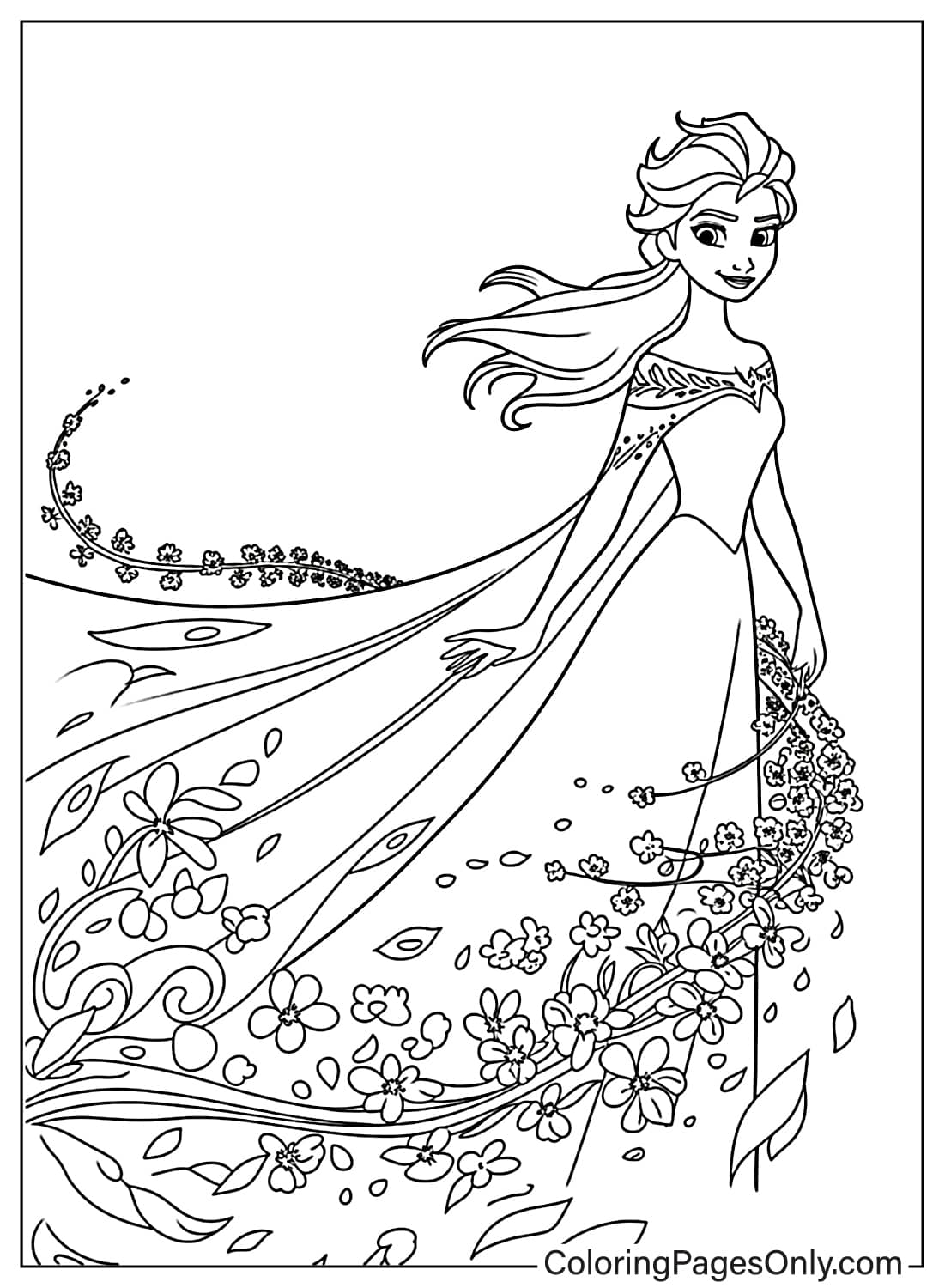 Elsa Coloring Pages Elsa with flowing dress and flowers from Elsa
