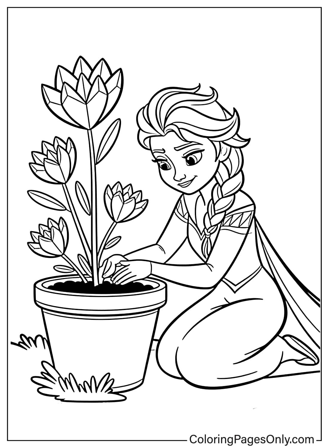 Elsa Coloring Pages Elsa planting flowers in a pot from Elsa