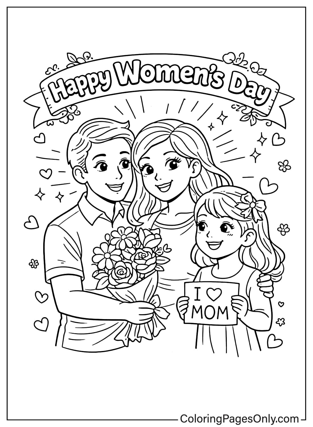Family Giving Flowers With Happy Womens Day Banner Coloring Page from Women's Day