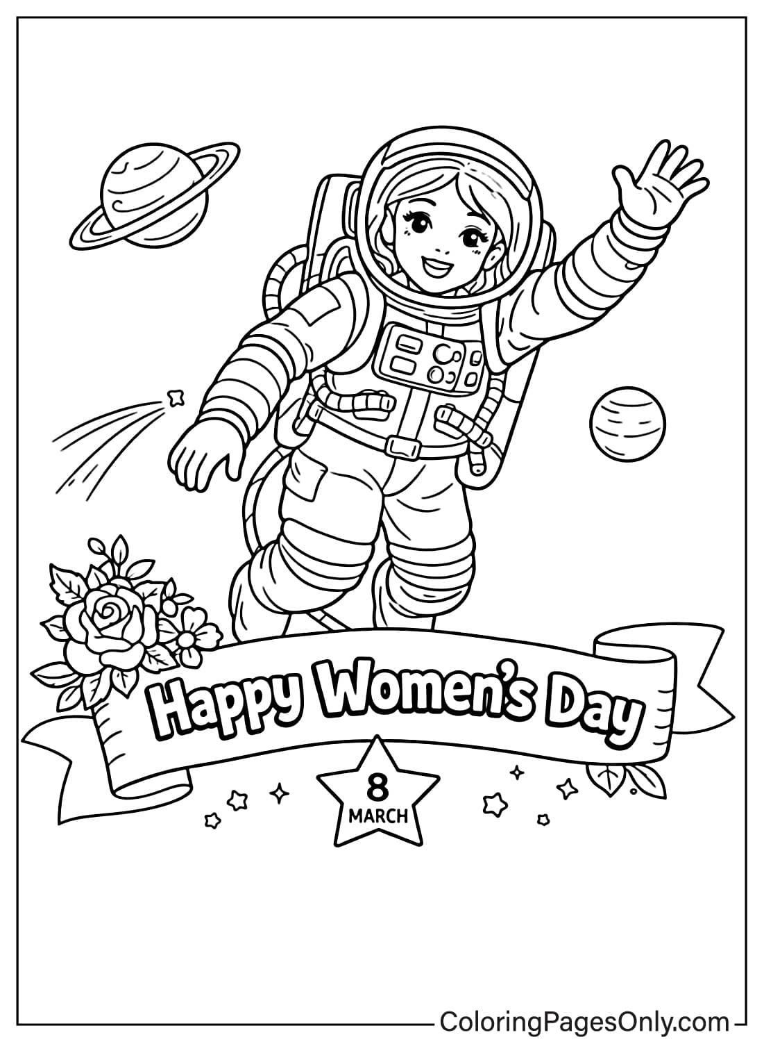 Girl Astronaut With Happy Womens Day Banner Coloring Page from Women's Day