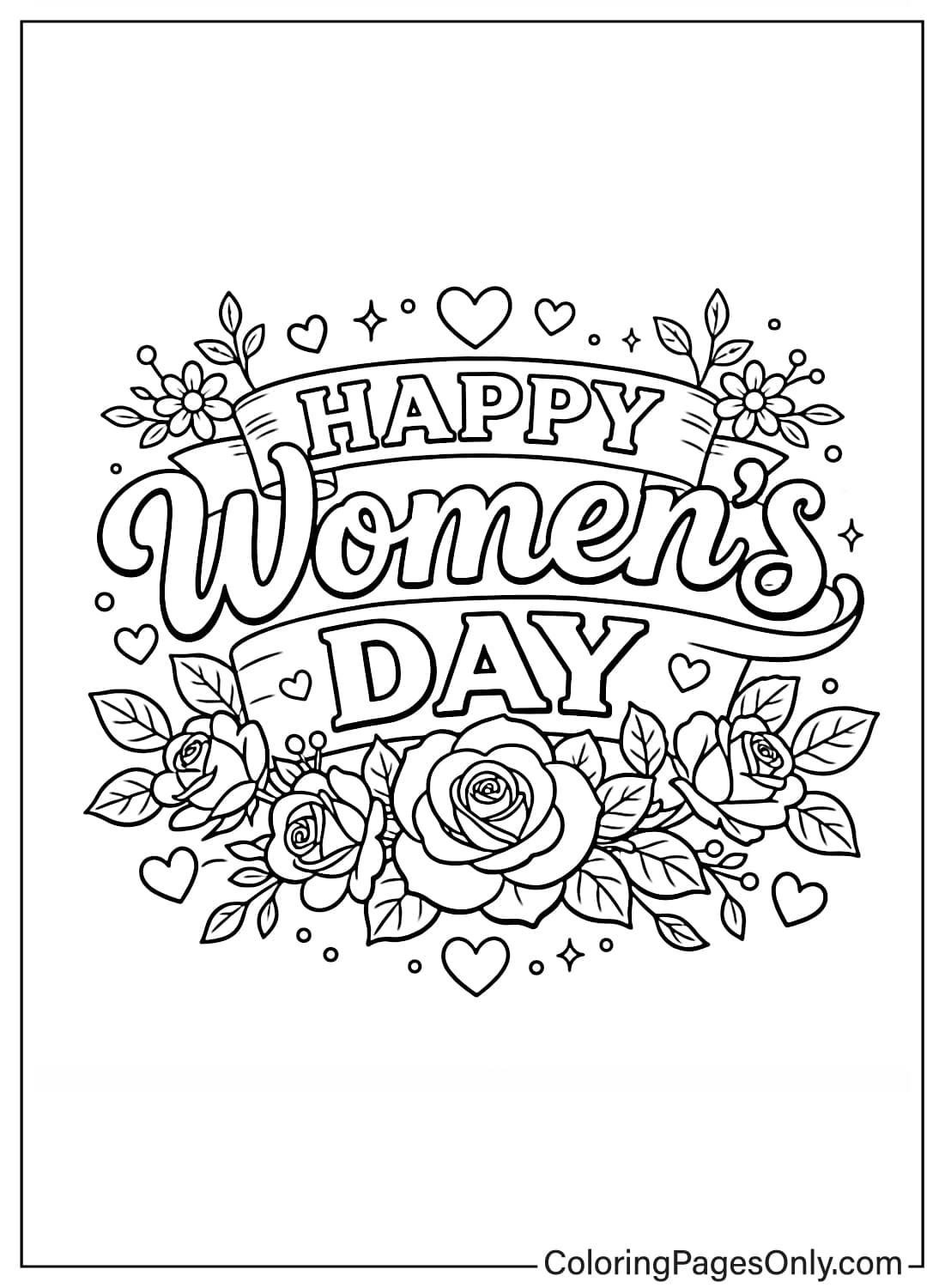 Happy Womens Day Floral Typography Coloring Page from Women's Day
