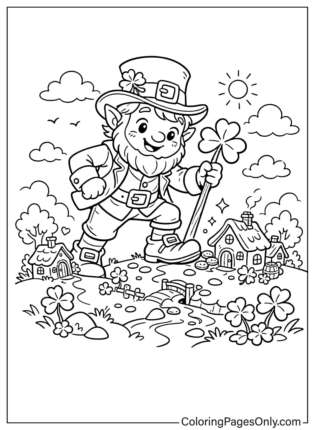 Giant Leprechaun Protecting Tiny Village Leprechaun Coloring Pages from Leprechaun