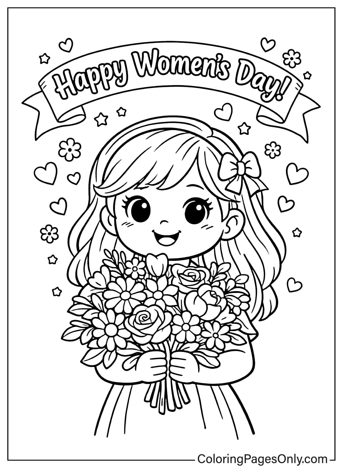 Cute Girl Holding Bouquet Happy Womens Day Coloring Page from Women's Day