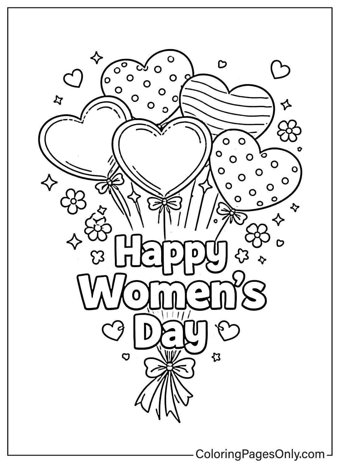 Heart Balloons With Happy Womens Day Text Coloring Page from Women's Day