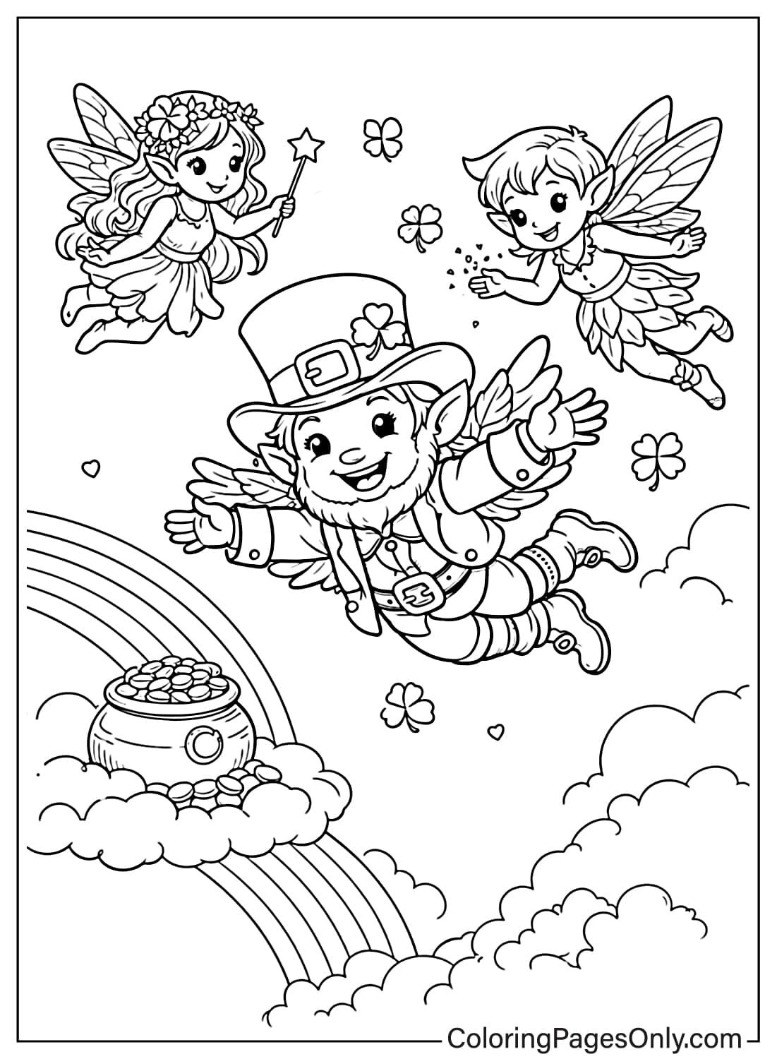 Leprechaun Flying With Fairy Friends Leprechaun Coloring Pages from Leprechaun