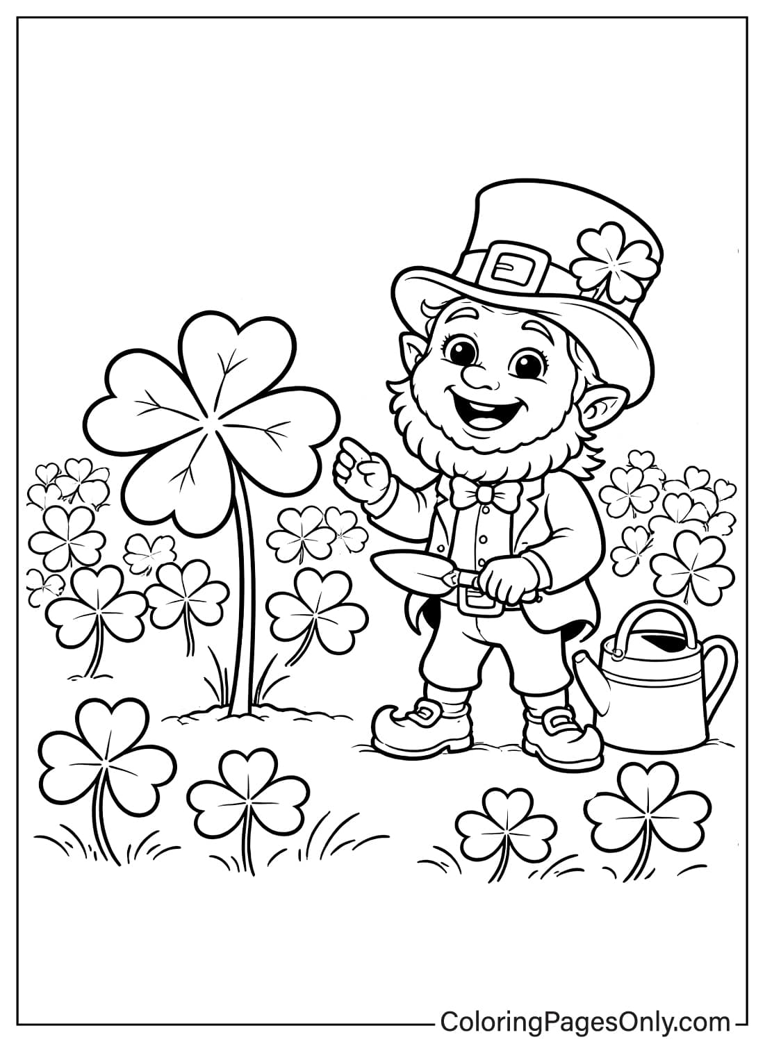 Leprechaun Watering Giant Shamrock In Clover Field Leprechaun Coloring Pages from Leprechaun