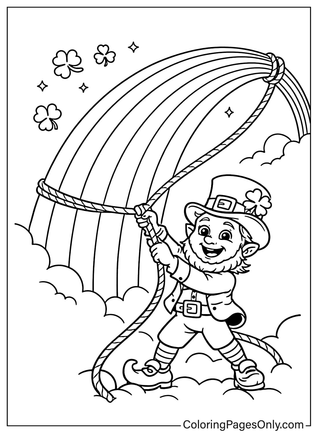 Leprechaun Holding Rope On Rainbow In Sky Leprechaun Coloring Pages from Leprechaun